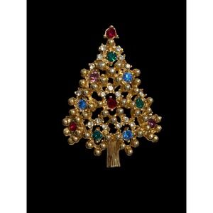 Gold Tone Eisenberg Multi Color Rhinestone Christmas Tree Brooch 2"